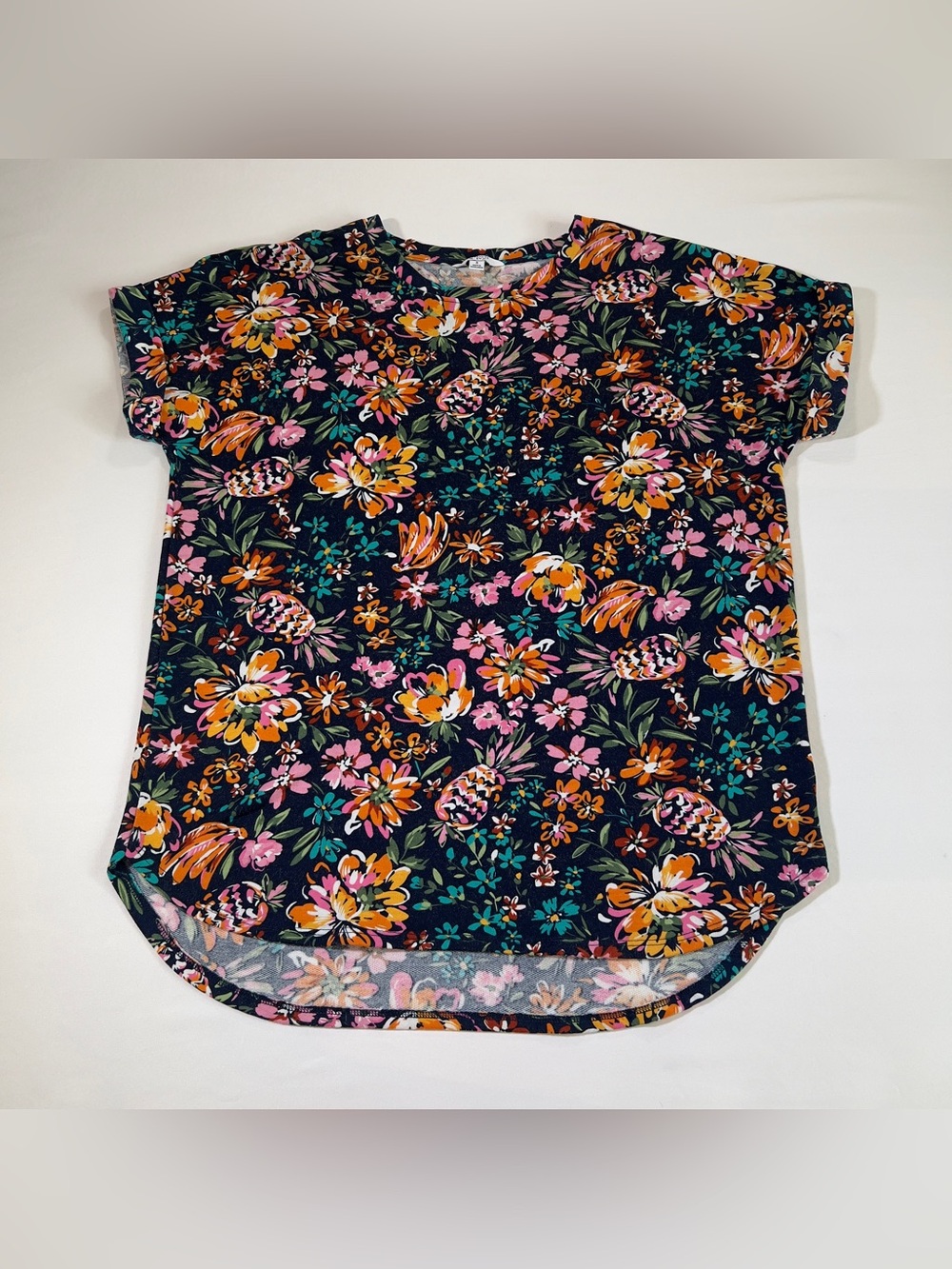 crown & ivy Navy Floral Tee with Pink & Orange Blooms